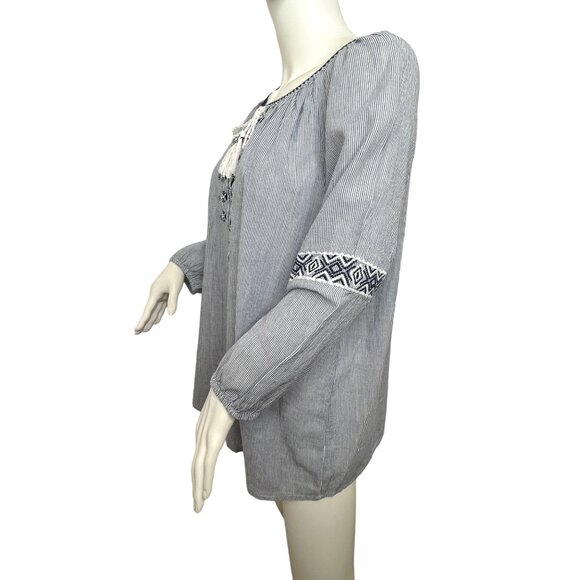 Westport Blouse 1X Blue White Peasant Boho Long Sleeve Embroidery Geometric - Picture 4 of 13